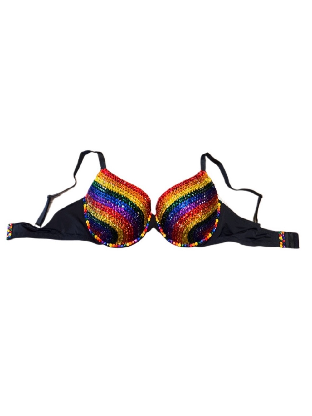 38C Rainbow Stripe Design Rhinestone Crystal Glam Bra New